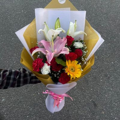 Yellow Gerbera, Carnation & Red Rose Bouquet