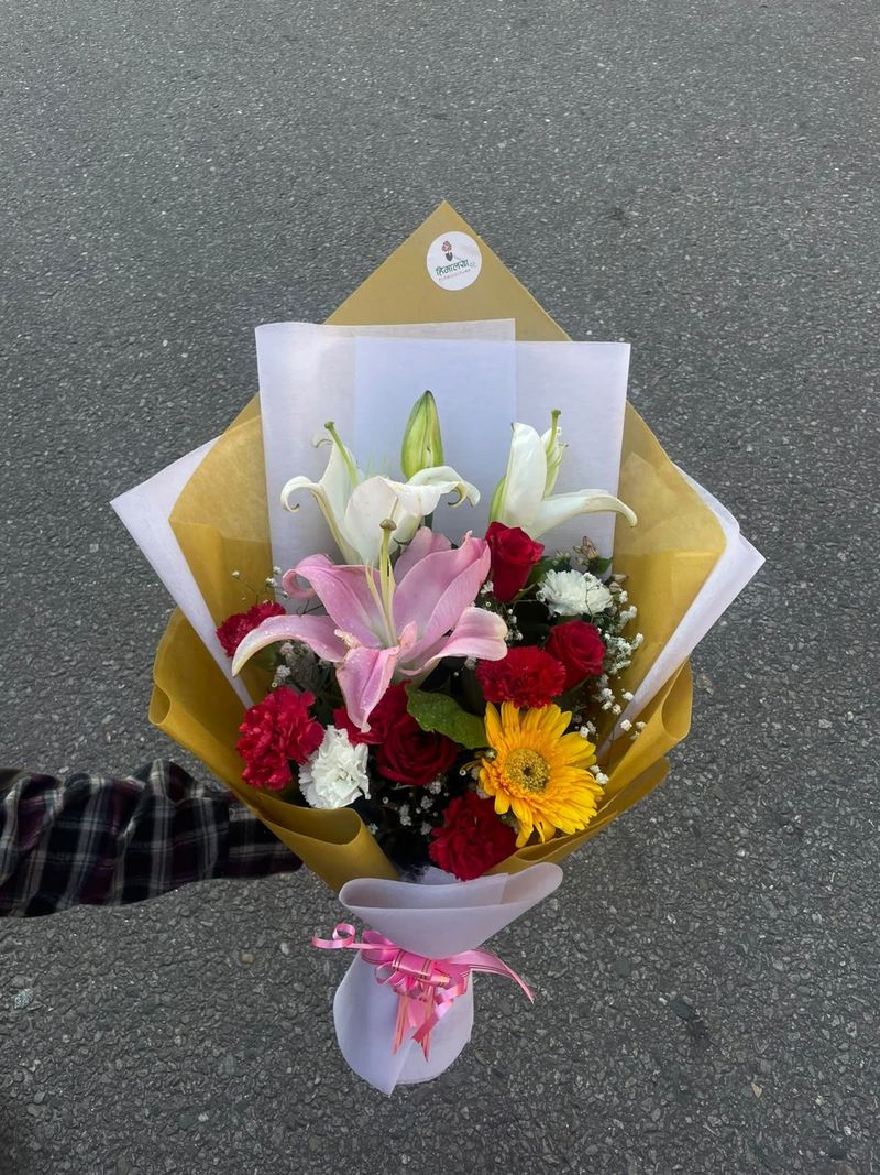 Yellow Gerbera, Carnation & Red Rose Bouquet