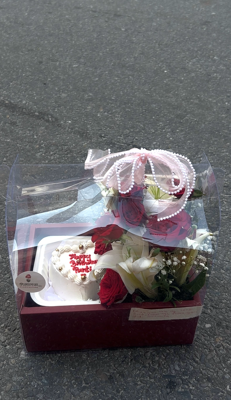 White Lily, Red Rose & Bento Cake Gift Combo
