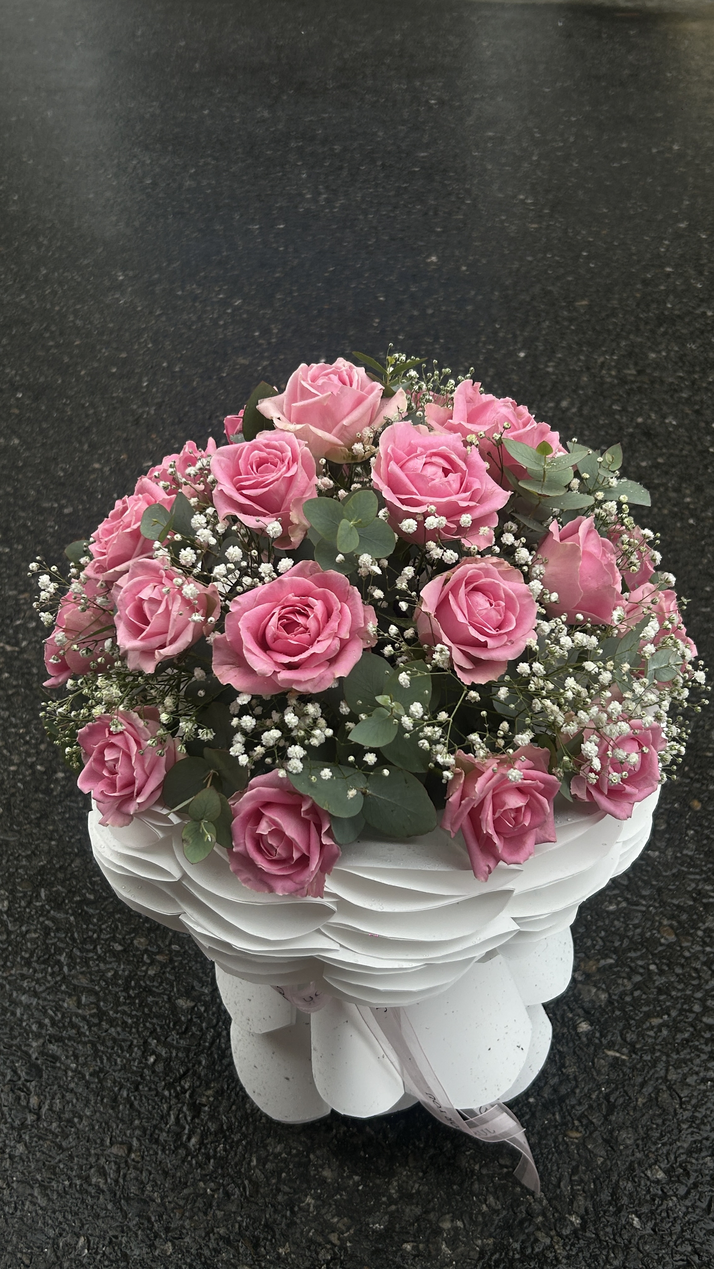 A soft and elegant bouquet featuring 20 stems of baby pink roses, beautifully complemented by delicate Gypsophila (Gipsy) and Dollar Leaves. The premium white wrapper adds a clean and sophisticated finish.