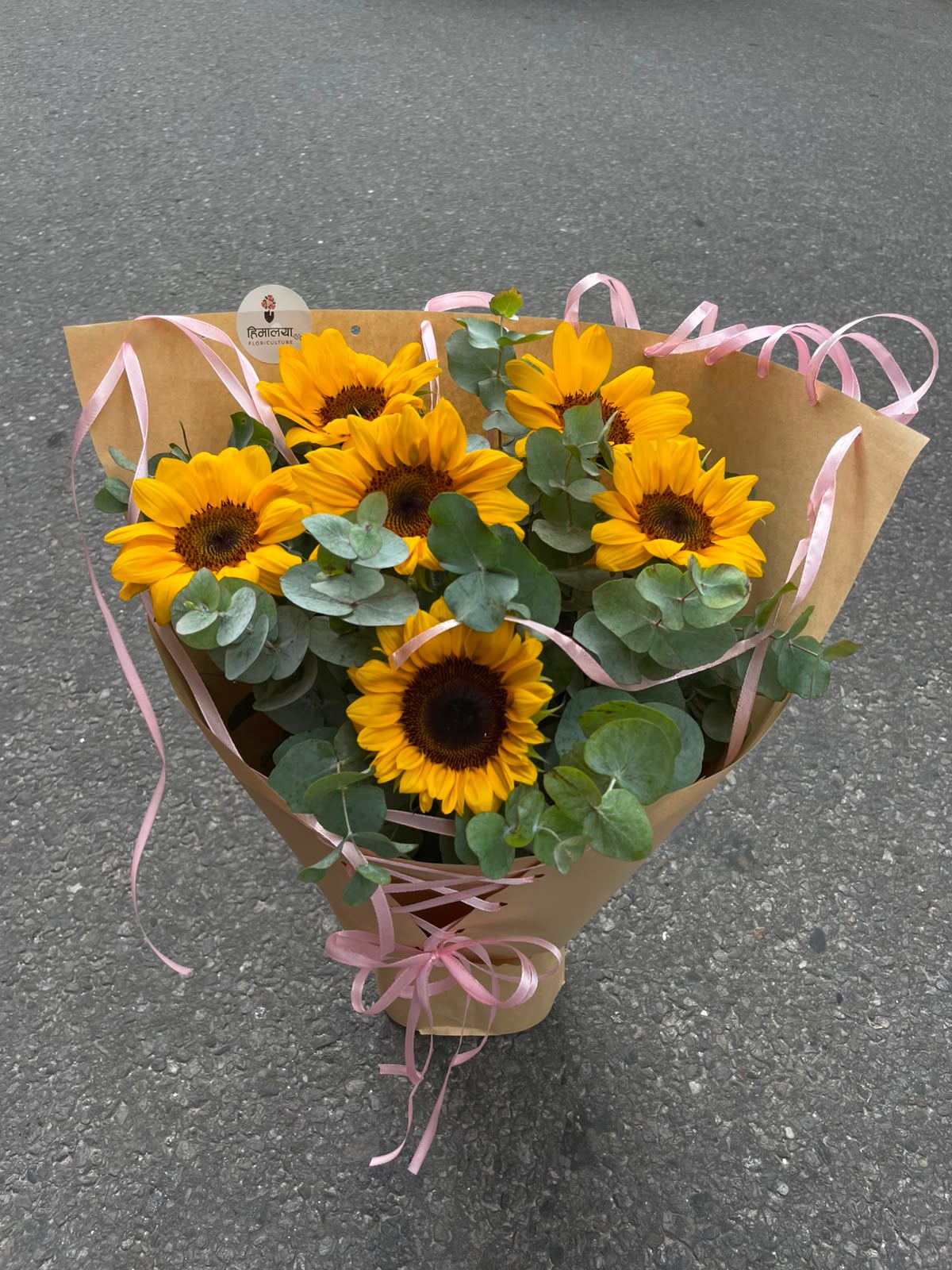A bright and refreshing bouquet featuring 6 Sunflowers and Silver Dollar foliage, elegantly finished with a Baby Pink Ribbon and Premium Wrapping.