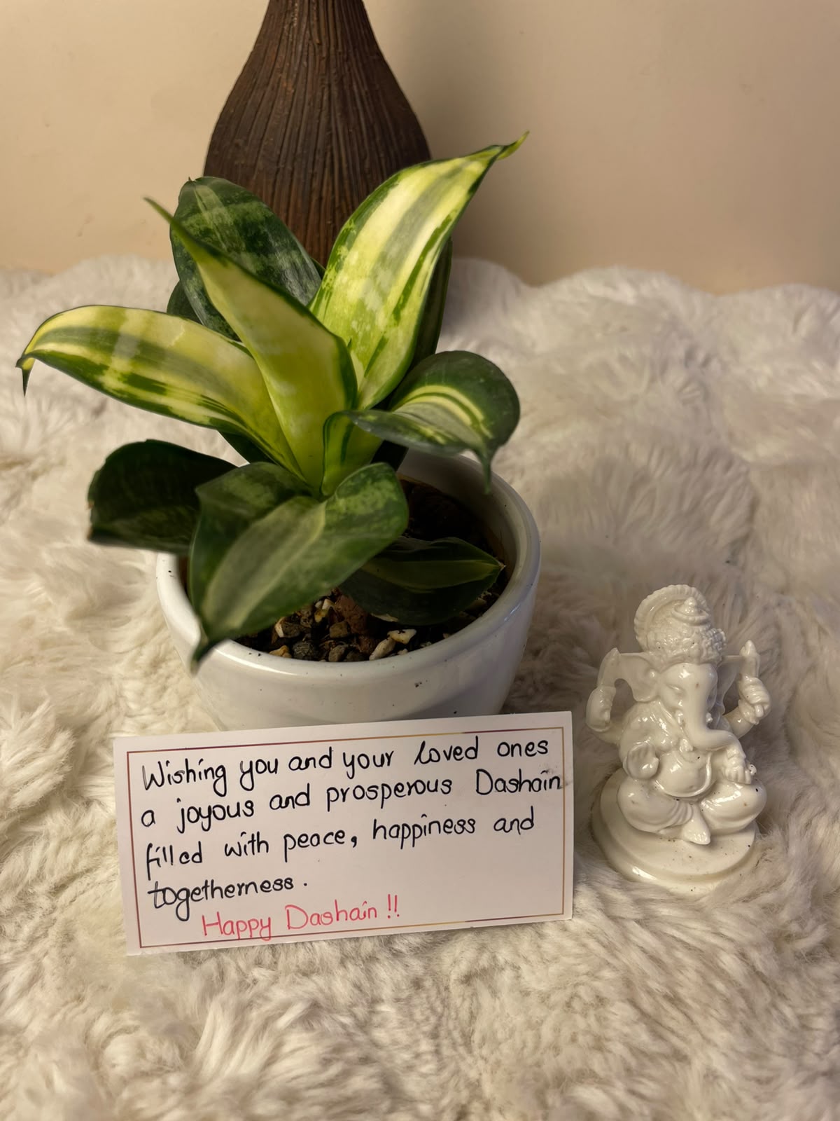 A meaningful festive gift featuring a green indoor plant paired with a Ganesh statue and a personalized note. This thoughtful combination symbolizes positivity, prosperity, and new beginnings.