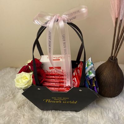 Chocolate Basket with Mixed Roses