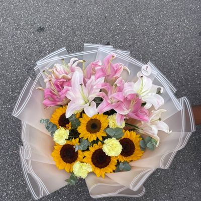 Sunflower, Carnation & Lily Mixed Bouquet
