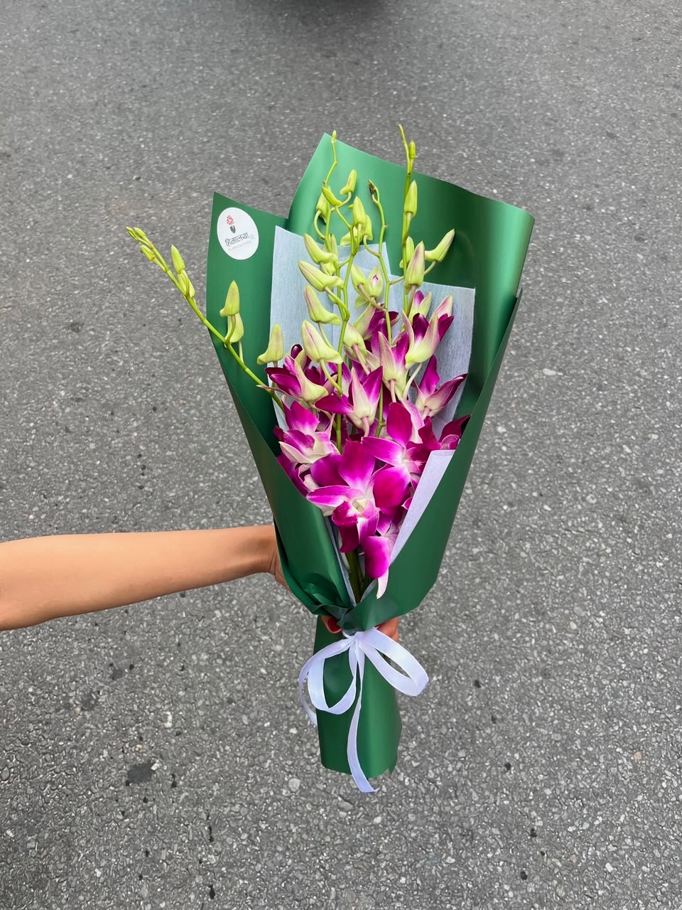 A charming bouquet featuring 5 stems of fresh orchids, elegantly wrapped in a green wrapper and finished with a delicate white ribbon. The combination creates a fresh, graceful, and sophisticated presentation.