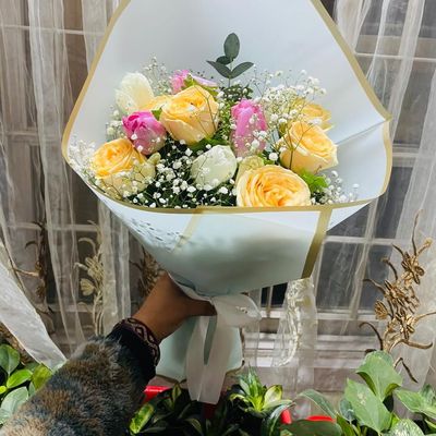 The Sunset Melody Peach Rose & Tulip Arrangement