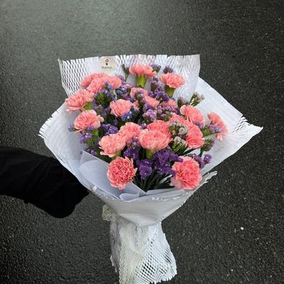 Premium Pink Carnation & Purple Statice Bouquet/gypsy