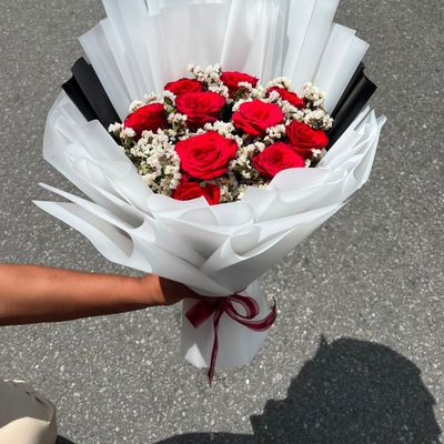 12 Red Roses with Statice or Gypsy Bouquet