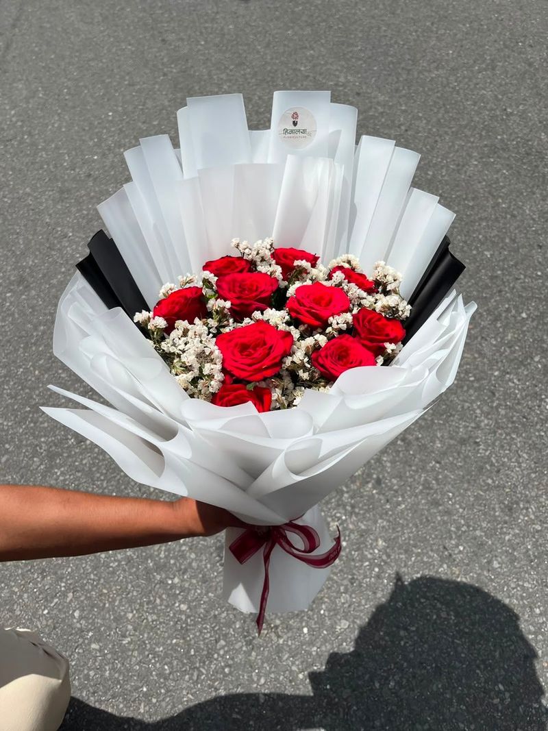 12 Red Roses with Statice or Gypsy Bouquet