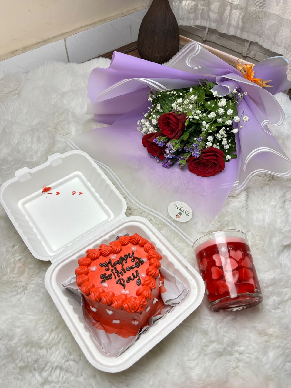 The cake design, candle fragrance, and bouquet arrangement may vary slightly based on availability while maintaining the same quality and overall theme. The cake should be refrigerated until ready to serve.