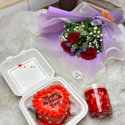 Cake, Candle & Flowers Surprise Gift