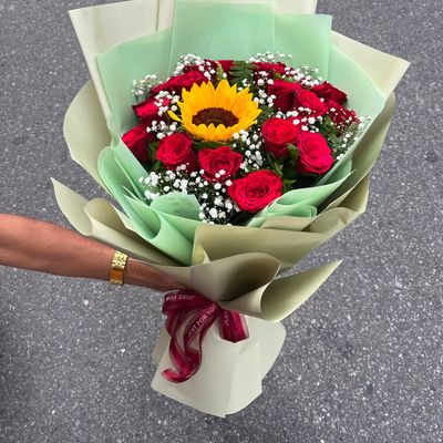 1 Sunflower & 20 Red Roses Bouquet