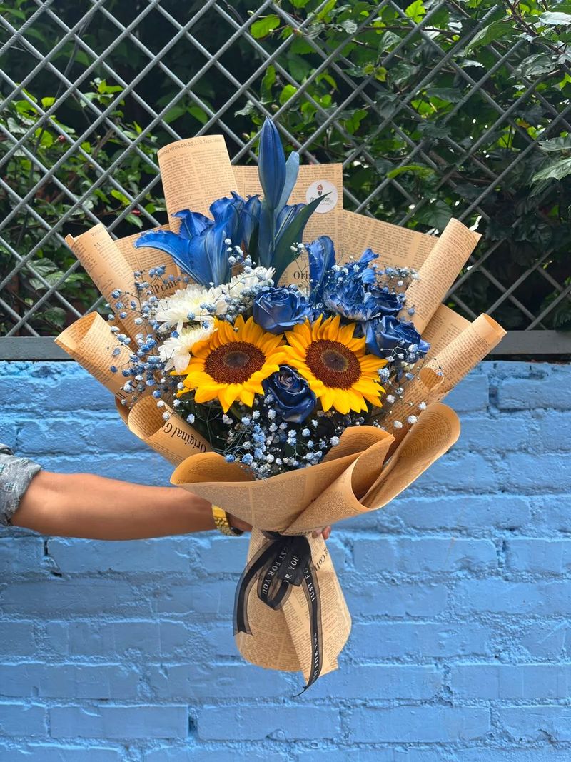 Blue & Sunshine – Mixed Flower Bouquet