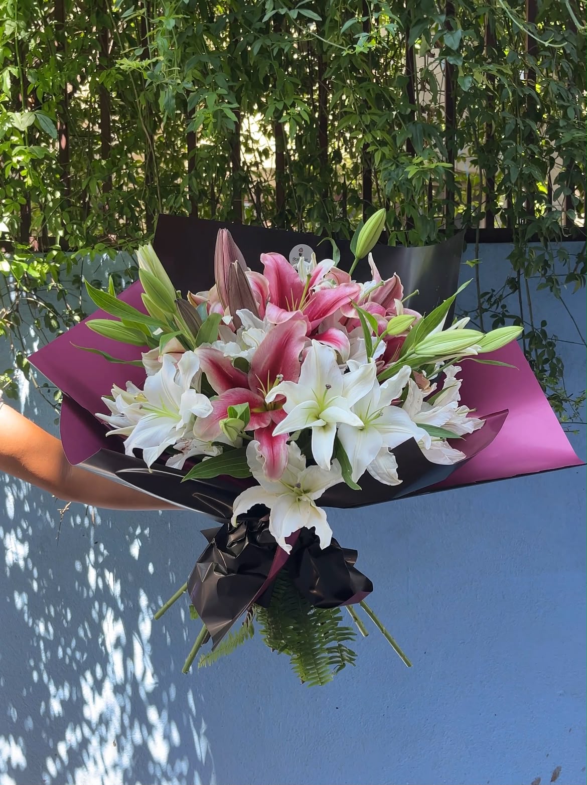 Seven & Seven Lilies Flower size, bloom stage, and appearance may vary slightly due to seasonal availability, while maintaining the 7 pink + 7 white lily combination as closely as possible.