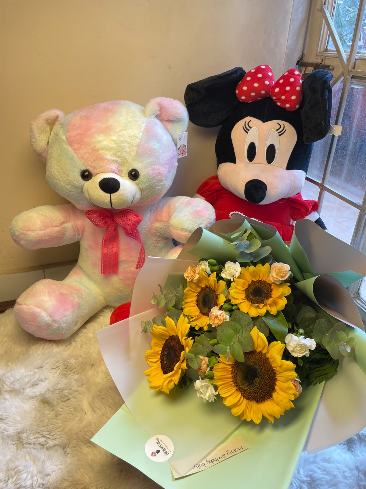 Sunshine Teddy Love Flower variety, size, and bloom stage may vary depending on seasonal availability. Teddy colors, designs, and sizes may vary slightly based on stock. The overall concept and included items will be maintained