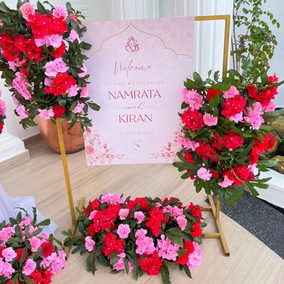 Lush Pink Floral Welcome Board Stand