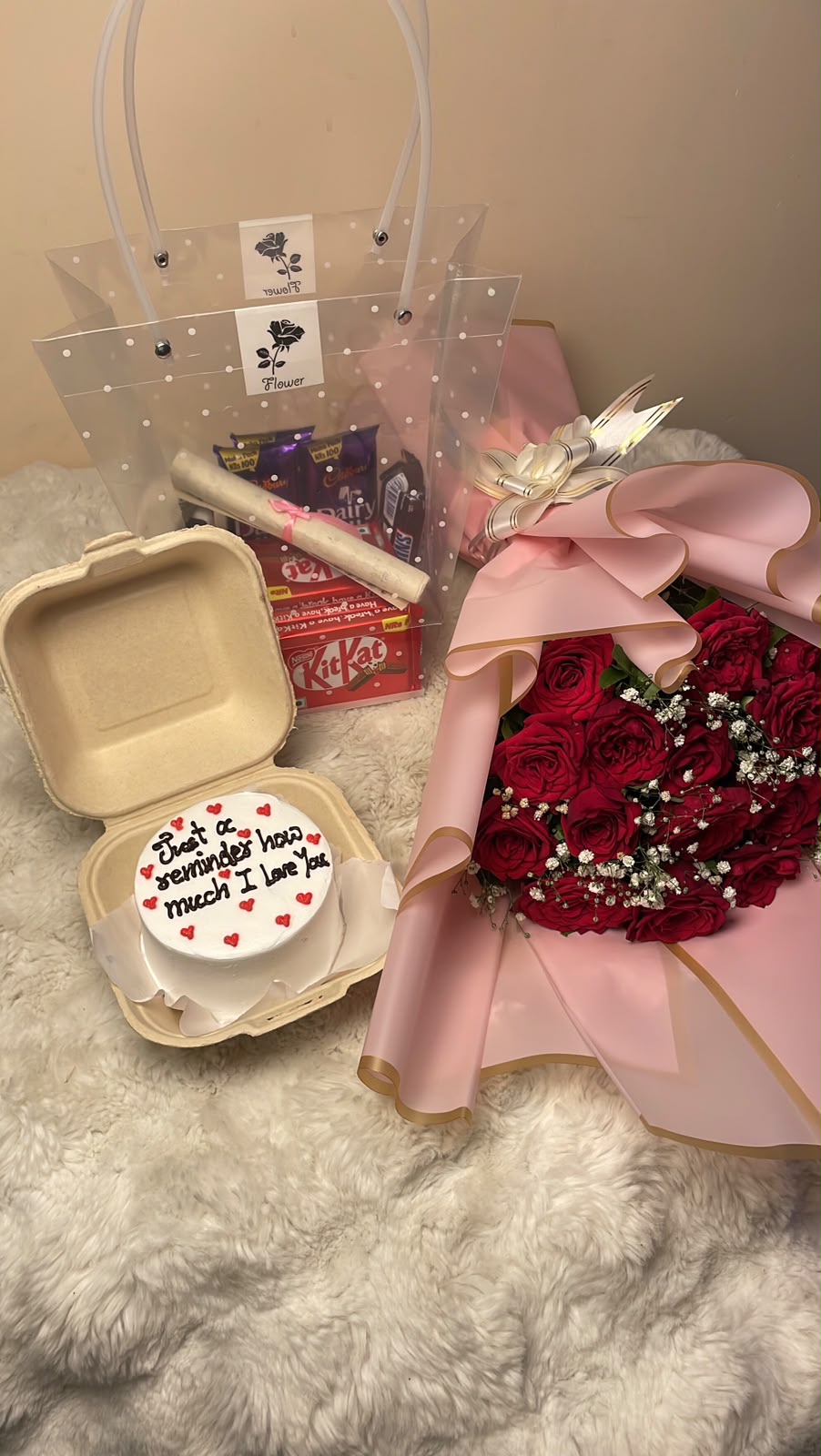 All-in-One Love Combo Cake message and note can be personalized according to your preference. Chocolate brands may be replaced with similar options based on availability.