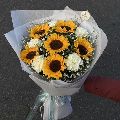 Golden Serenity – Sunflower & White Carnation Bouquet