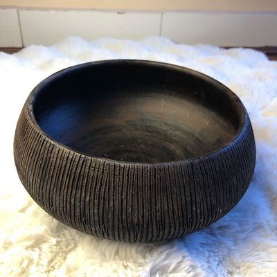 Handmade Rustic Black Ribbed Clay Pot
